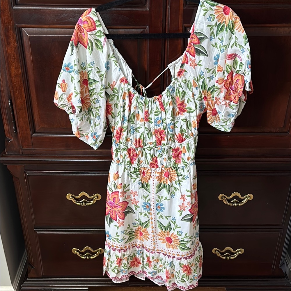 FARM Rio Red and Green Puff Sleeve Mini Sundress. New no tags